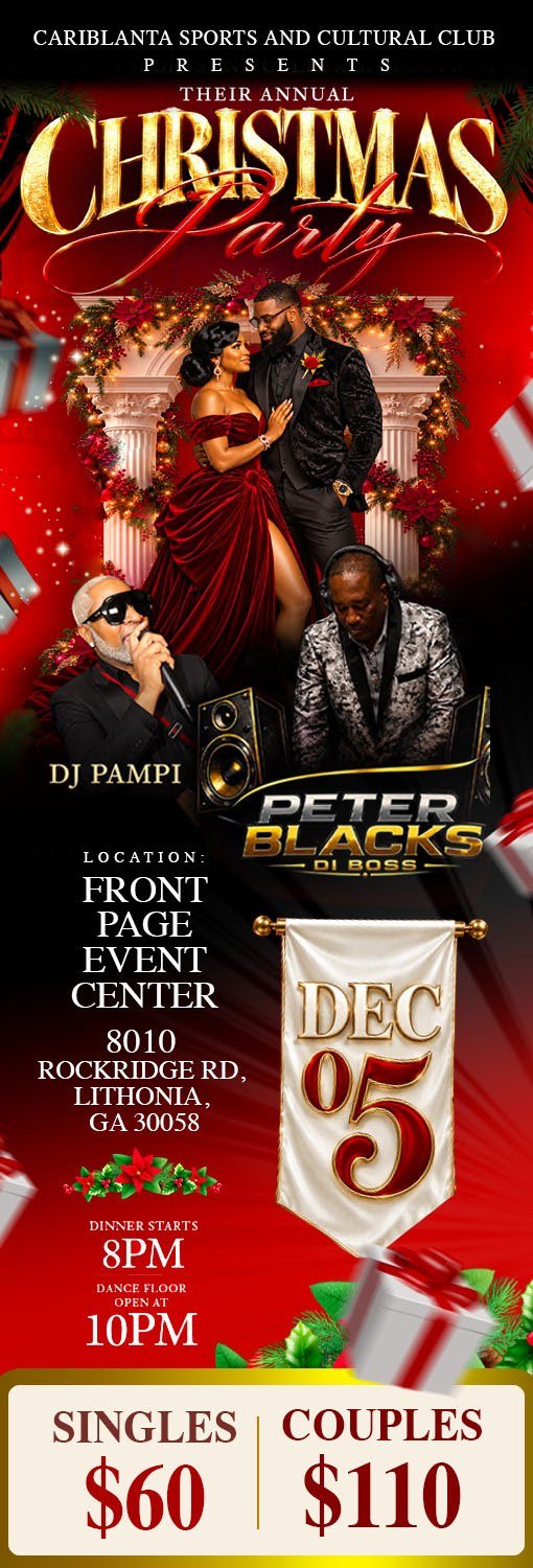 Cariblanta Annual Christmas Party flyer: December 5, Front Page Event Center, Lithonia. Dinner 8 PM, dance floor opens 10 PM. Singles $60, couples $110.